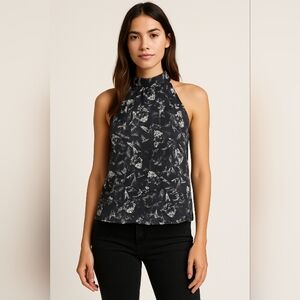 Valette Abstract Black White High‎ Neck Sleeveless Halter Blouse XS